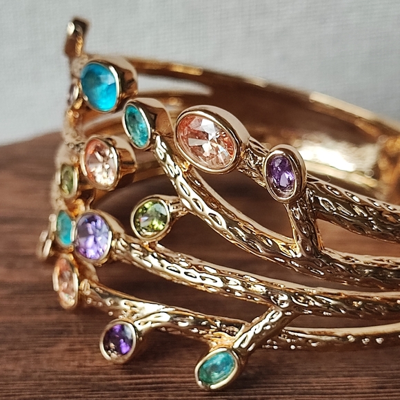 Gold Tone NEW Clamper Bracelet Multi Gemstone Open Back Topaz Citrine Purple - Picture 6 of 12